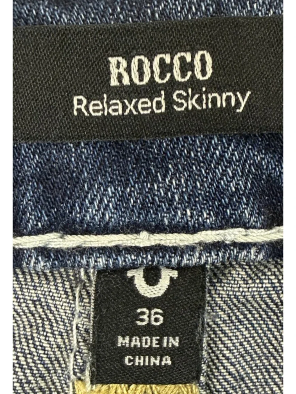 True Religion ROCCO Relaxed Skinny Mens Sz 36 x 34 Blue Denim Jeans Thick Stitch